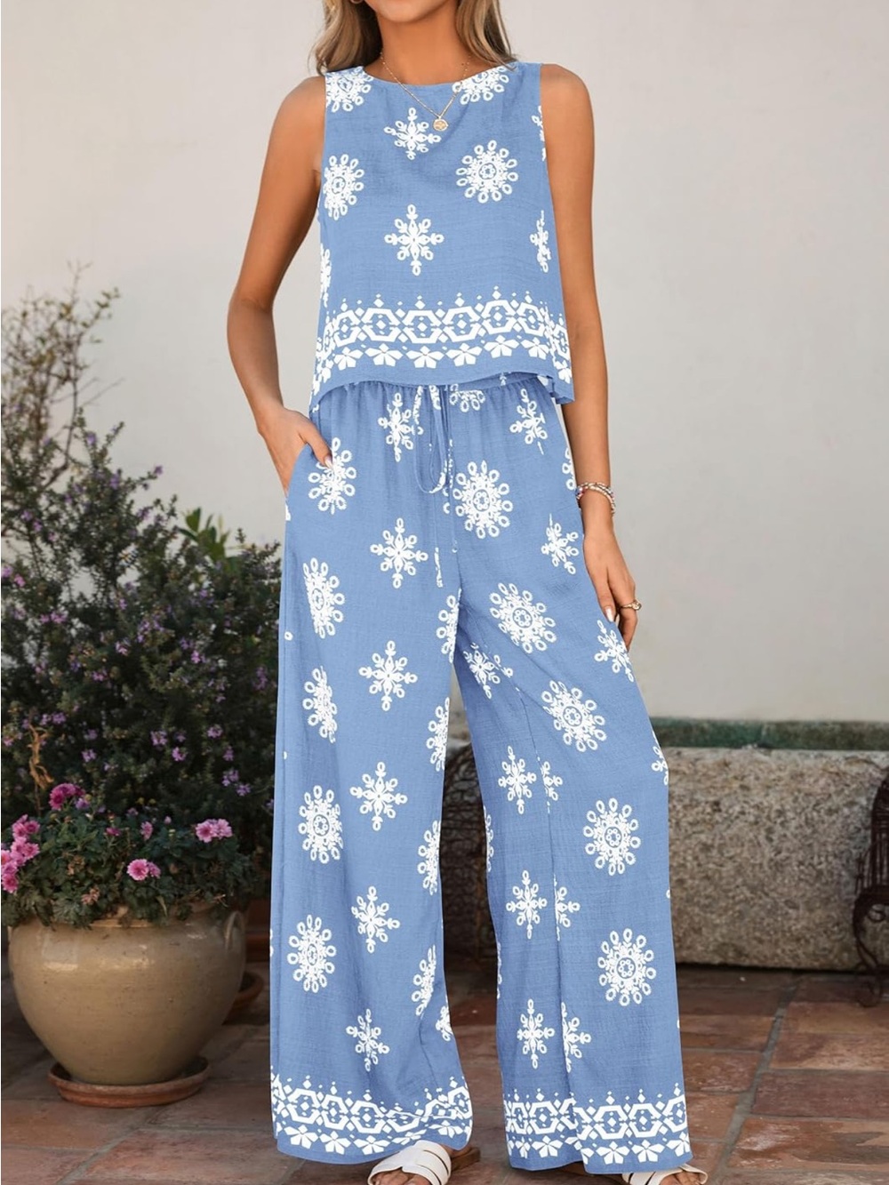 Boho Blue Floral Wide-Leg Jumpsuit